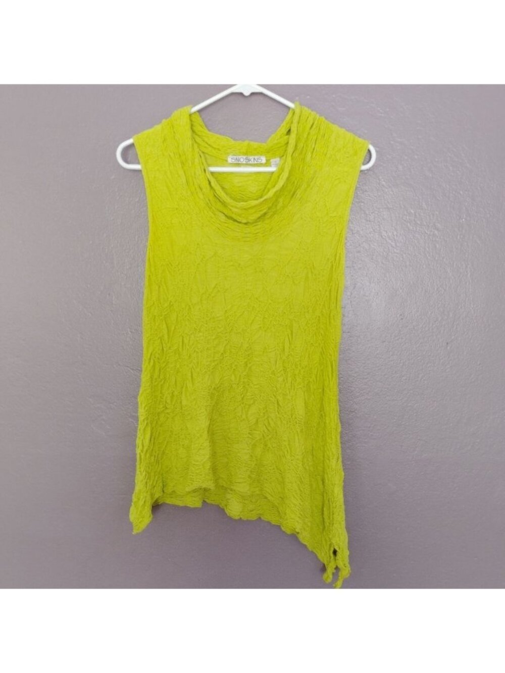 Snoskins Slinky Draped Sleeveless Top Lime Green Crinkled Asymmetrical Blouse S
